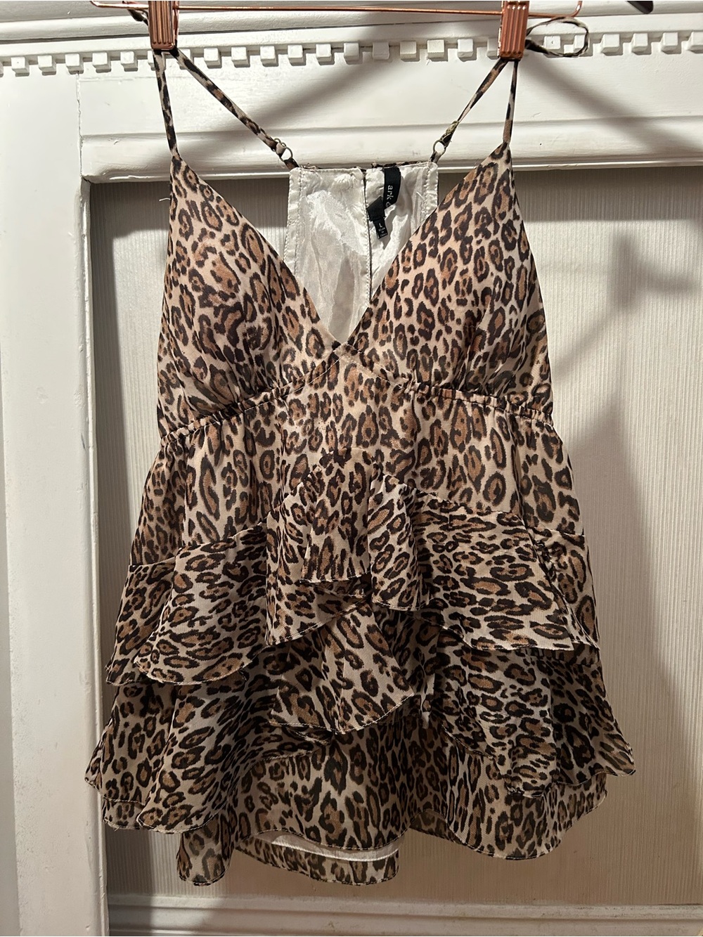 Ark & Co Leopard Print Ruffle Halter Tank - Tan Black - Picture 4 of 6